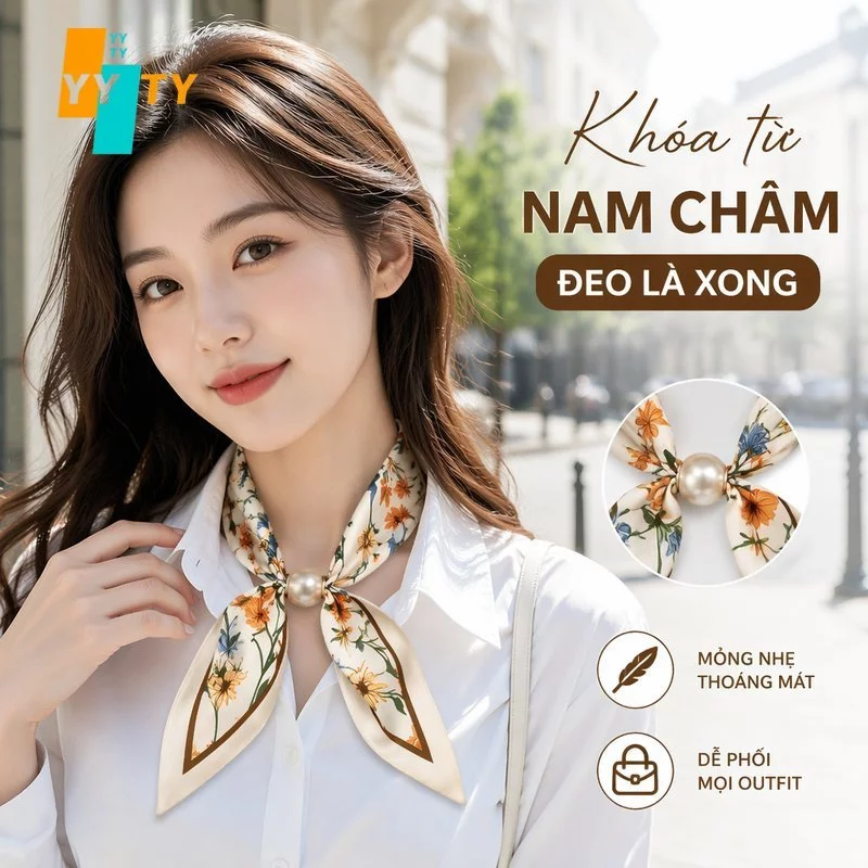 Khăn Lụa Quàng Cổ Khóa Nam Châm Ngọc Trai Nữ Mỏng Nhẹ Xuân Hè Họa Tiết Retro
