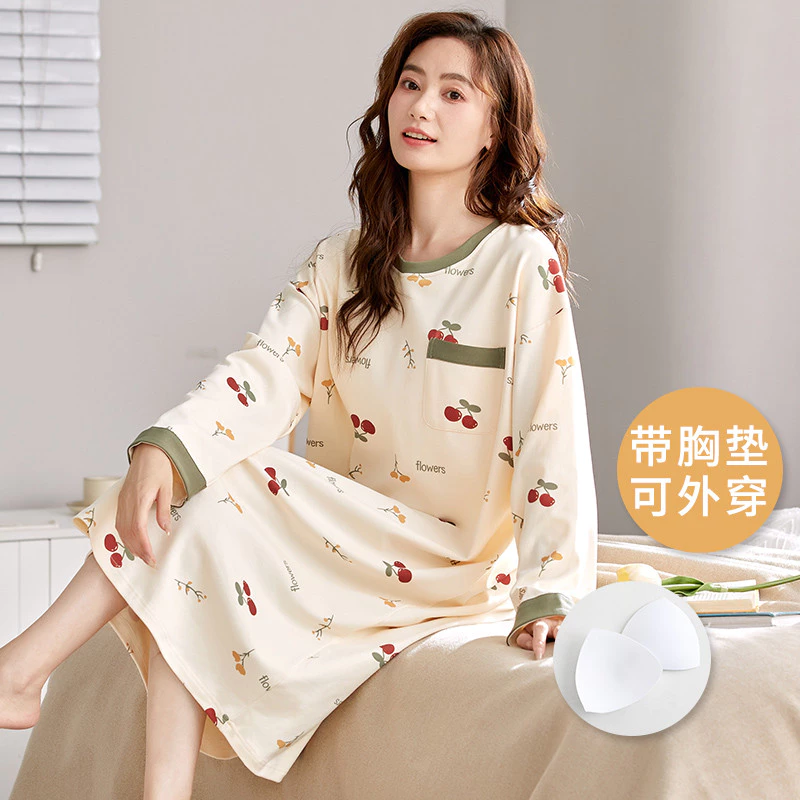 Váy ngủ dài tay Poly-Cotton co giãn có đệm áo ngực tích hợp cho nữ, có thể đeo bên ngoài