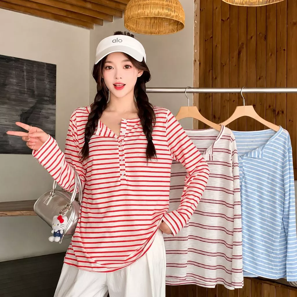 Áo Thun Giấy Nữ Dài Tay Cổ Trụ Kẻ Sọc, Áo Cotton Giấy Form Rộng Co Giãn Thoáng Mát Phong Cách Hàn Quốc
