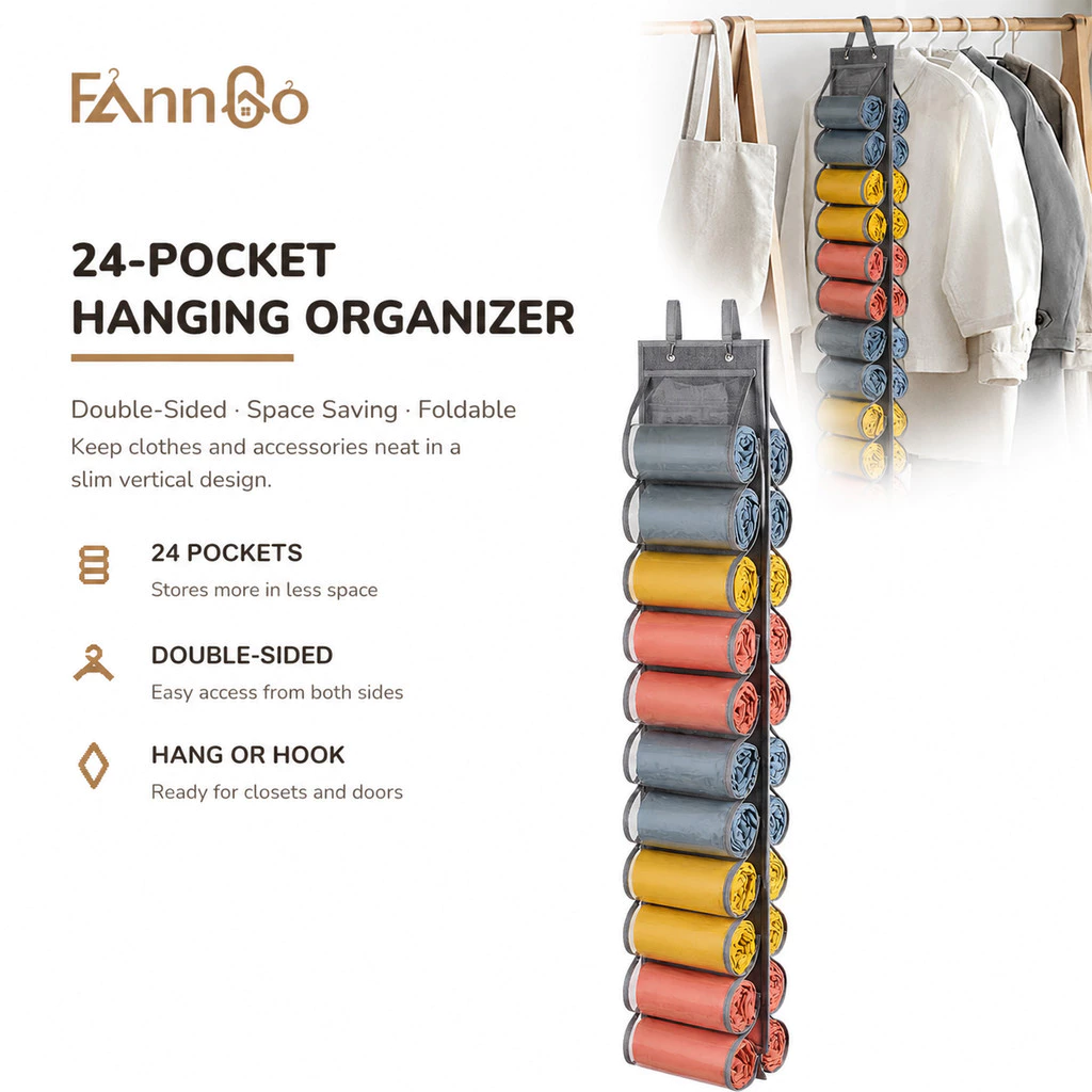 Móc treo quần áo FannGO Lirex 24 ngăn, tủ quần áo gấp gọn, vải Oxford, tiết kiệm không gian, móc treo màu xám dành cho quần legging, áo sơ mi, quần jean cho phòng ngủ gia đình.