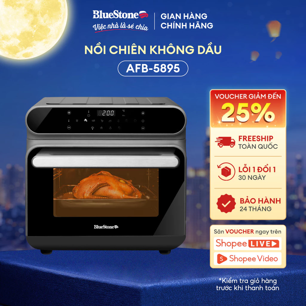 Nồi Chiên Không Dầu + Hấp Hơi Nước BlueStone AFB-5895 - 24L - 1650W Chiên - 985W Hấp - Cảm Ứng - 8 Chế Độ - BH 2 Năm