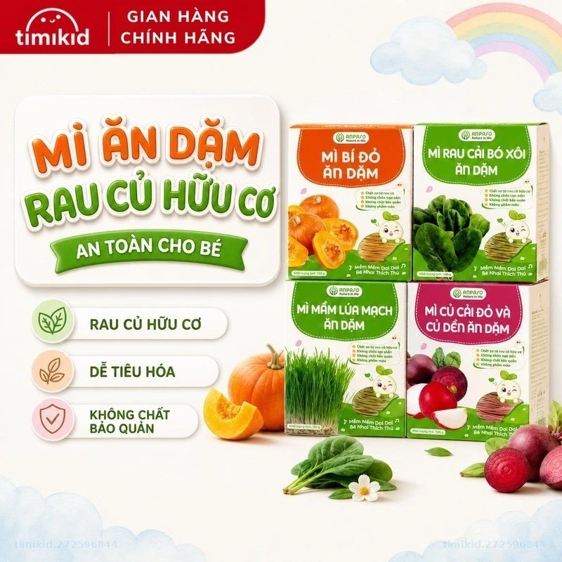 Mì Ăn Dặm Rau Củ Hữu Cơ ANPASO Cho Bé Từ 6 Tháng Tuổi  - Bổ Sung Vitamin, Chất Xơ, Gói 120g