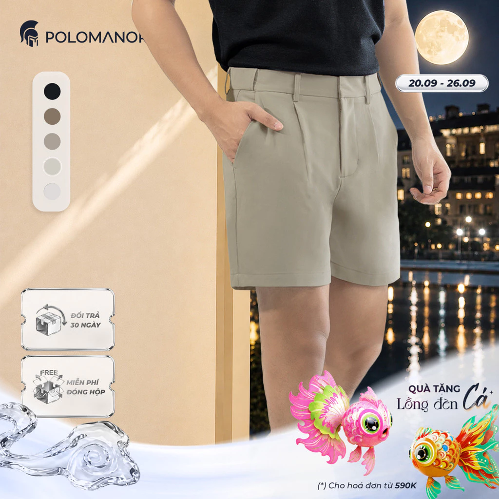 [SIZE S] Quần short tây nam POLOMANOR kiểu dáng Classic sang trọng, lưng chun ẩn, cao cấp thoáng mát