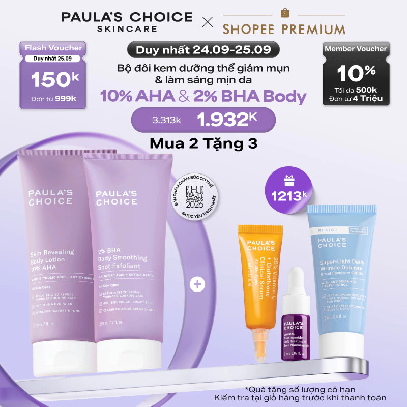 Bộ đôi kem dưỡng thể 10% AHA làm sáng da,mờ thâm+ 2% BHA giảm viêm lỗ chân lông và mụn cơ thể Paula's Choice