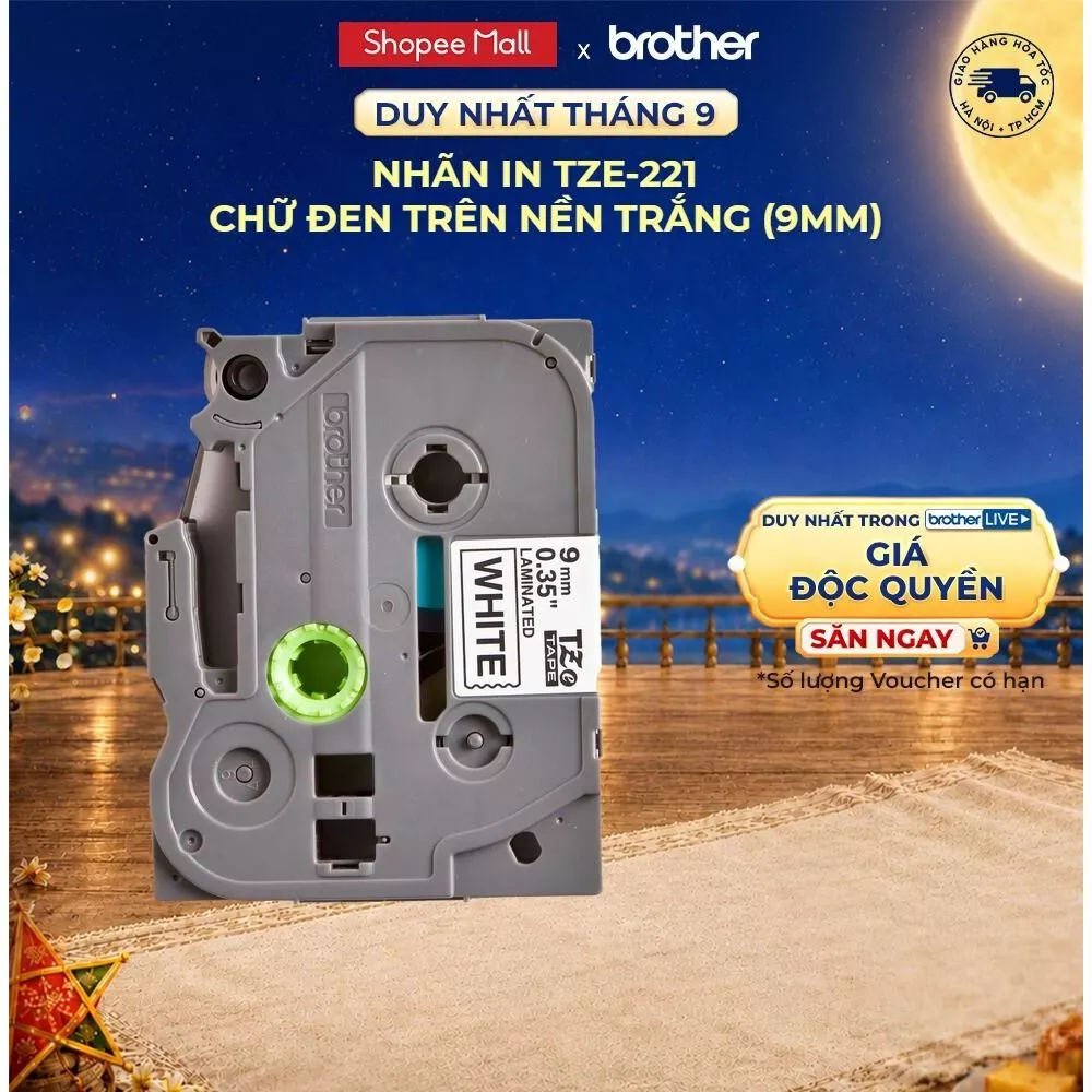 Nhãn in Brother TZe-221 chữ đen trên nền trắng (9mm)
