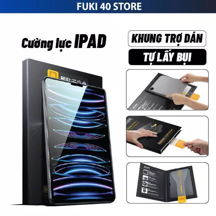 Kính cường lực cho iPad có khuôn định vị tự dán tự rút bụi Gen 5/6/7/8/9, Air 1/2/3/4/5, Pro 11", Pro 12.9"