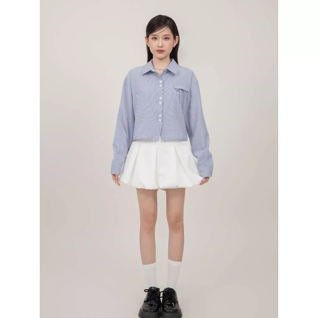 Chân váy ngắn xòe cạp cao xếp ly bản to THE C.I.U, chân váy mini dáng chữ A chất gấm xước - Laine Skirt