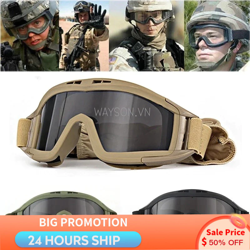 {READY STOCK} Kính chiến thuật Airsoft mới 3 ống kính chống gió Chụp chống bụi Motocross Xe máy Kính leo núi CS Bảo vệ an toàn