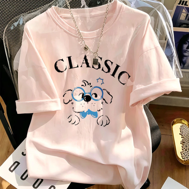 Hot trend Áo thun nữ phong cách cổ điển dễ thương, cổ tròn tay ngắn phù hợp đi chơi hàng ngày