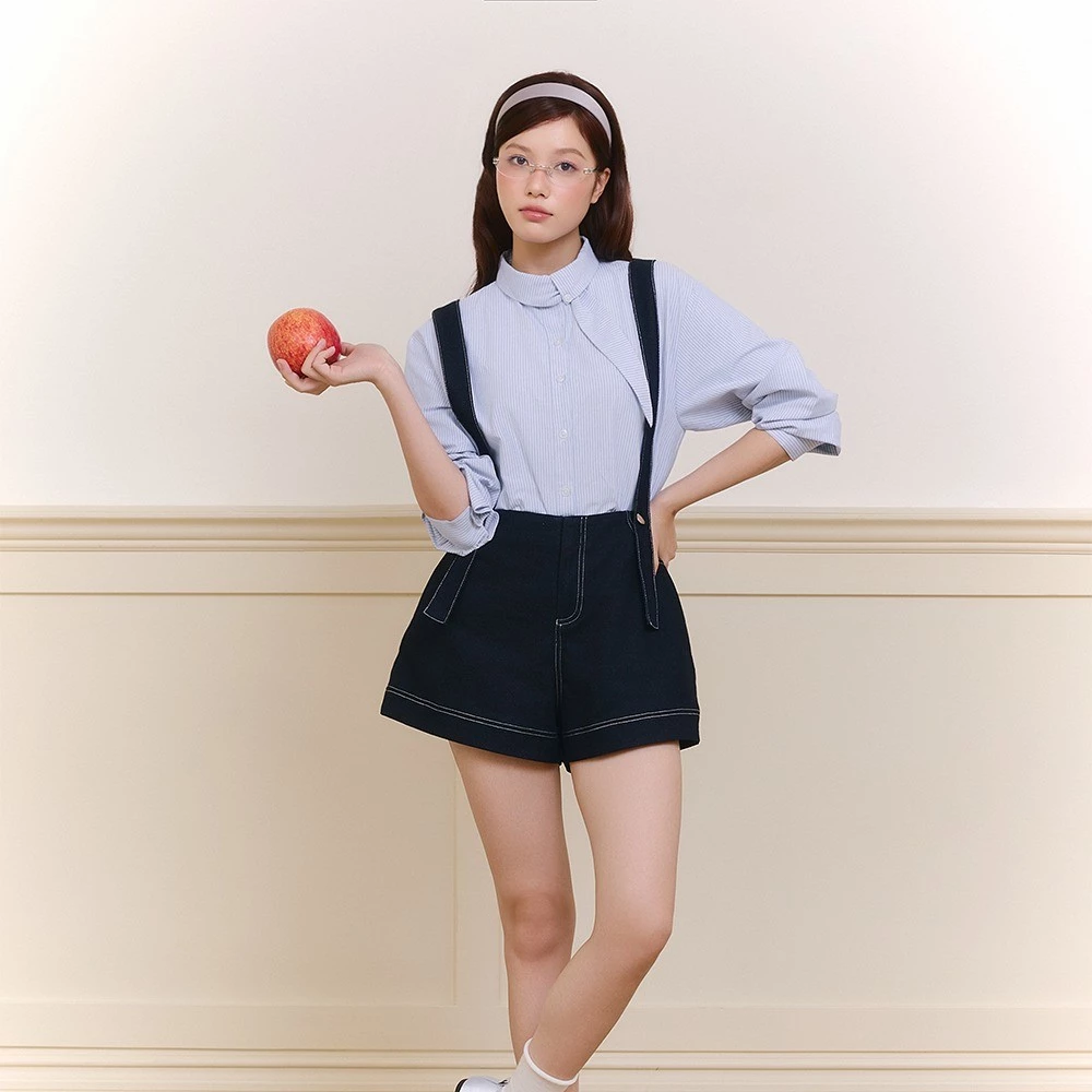 Quần yếm jean dáng ngắn THE C.I.U, quần short yếm denim dây chéo chỉ nổi - Hailey Overall Short - C17
