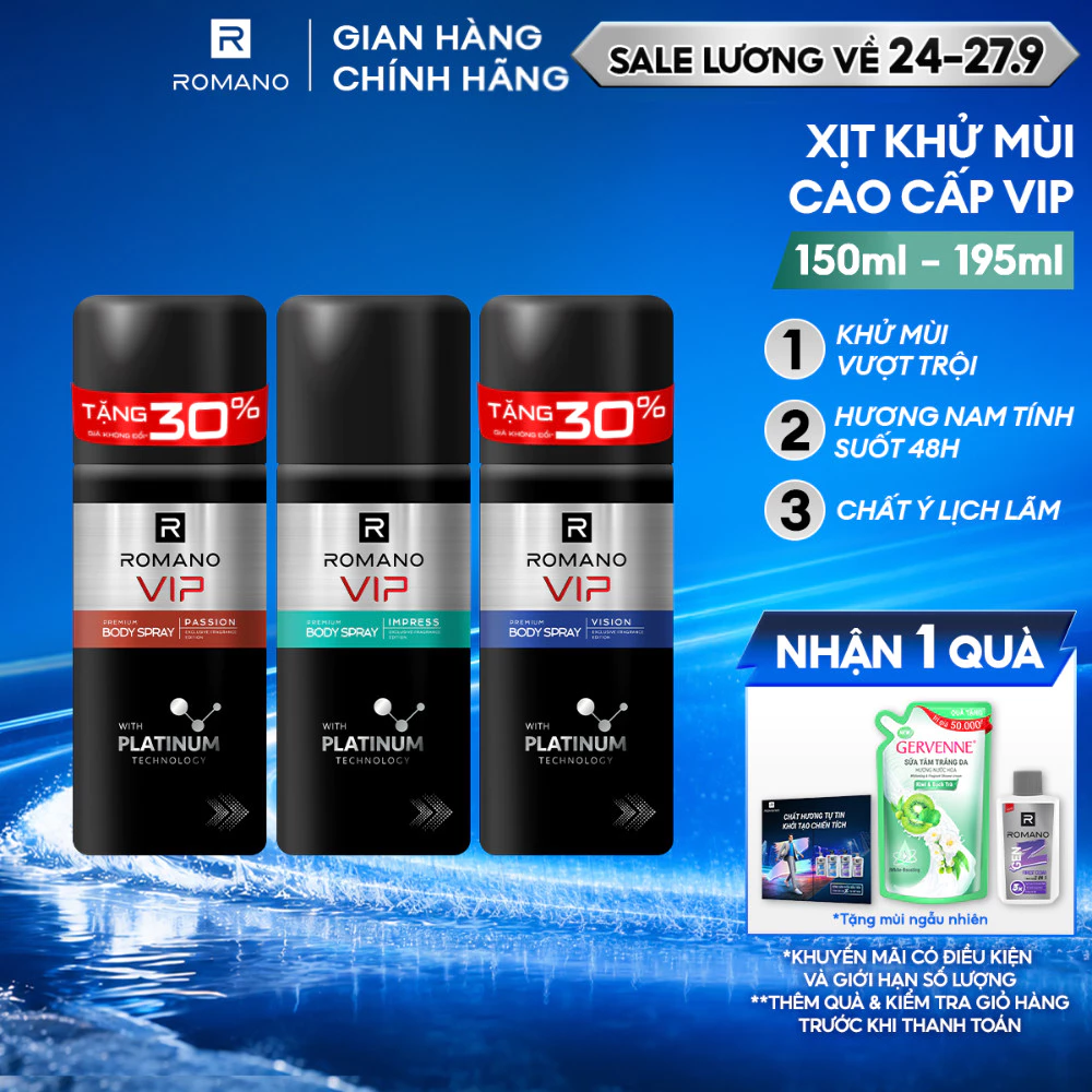 Xịt khử mùi cho nam cao cấp Romano VIP Passion / Vision / Impress 150ml - 195ml (Tặng mùi ngẫu nhiên)