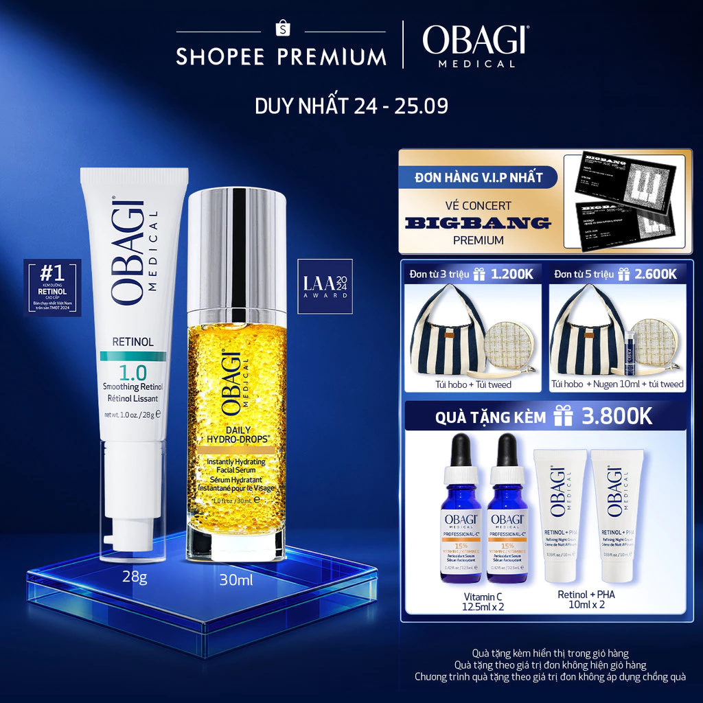 Bộ đôiKem Dưỡng Đêm Obagi Retinol 1.0 (28g) và Serum Vitamin B3 Cấp Nước Dưỡng Ẩm Phục Hồi Da Daily Hydro-Drops 30ml