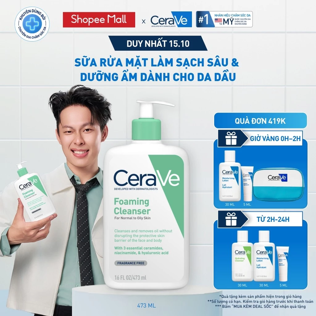 Sữa rửa mặt foaming giúp làm sạch sâu và dưỡng ẩm dịu nhẹ dành cho da dầu - CeraVe Foaming Facial Cleanser 473ML