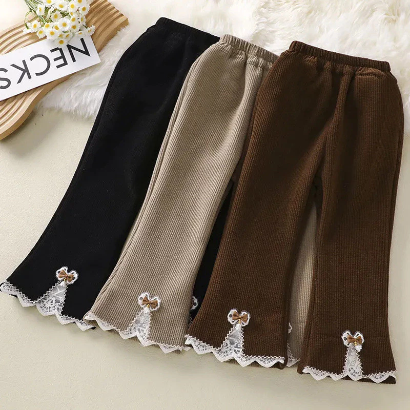 Quần nhung lót lông bé gái, quần nhung kẻ thời trang, quần ống loe Hàn Quốc, quần dài ấm áp mùa xuân thu đông cho bé