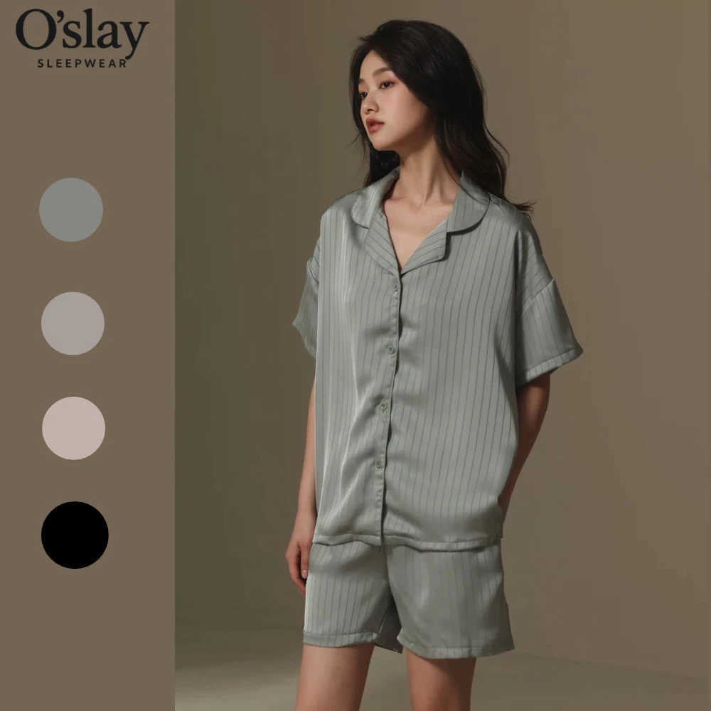 Bộ Ngủ Lụa Satin Kẻ Sọc Nữ - Pijama Áo Ngắn Quần Short Thoải Mái Mát Mẻ Mùa Hè B46588