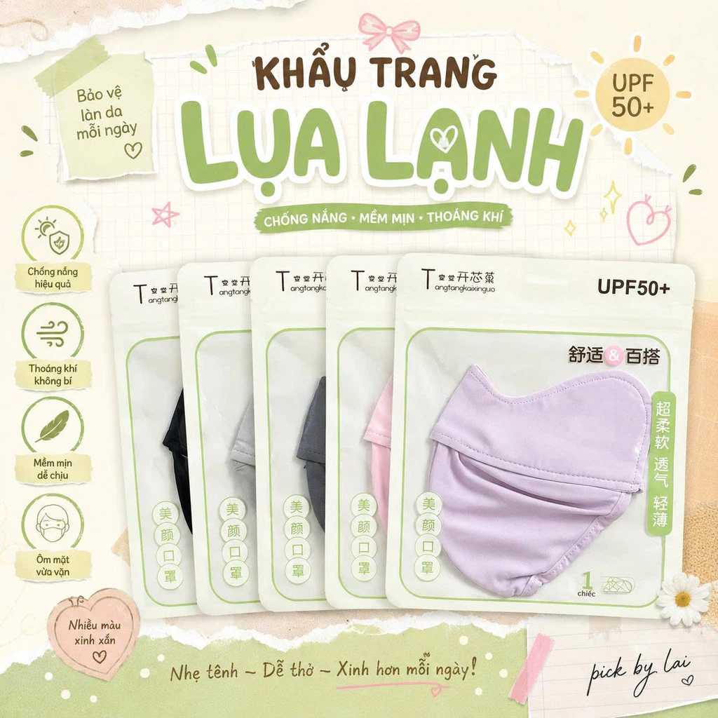 Khẩu Trang Lụa Lạnh Chống Nắng UPF50+ Có Gọng 3D Mềm Mịn Thoáng Khí Ôm Mặt Chống Tia UV
