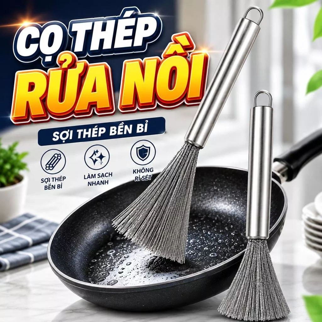 Cọ thép chà nồi tay, vệ sinh bếp, bồn rửa tay cầm dài không rỉ sét đa năng