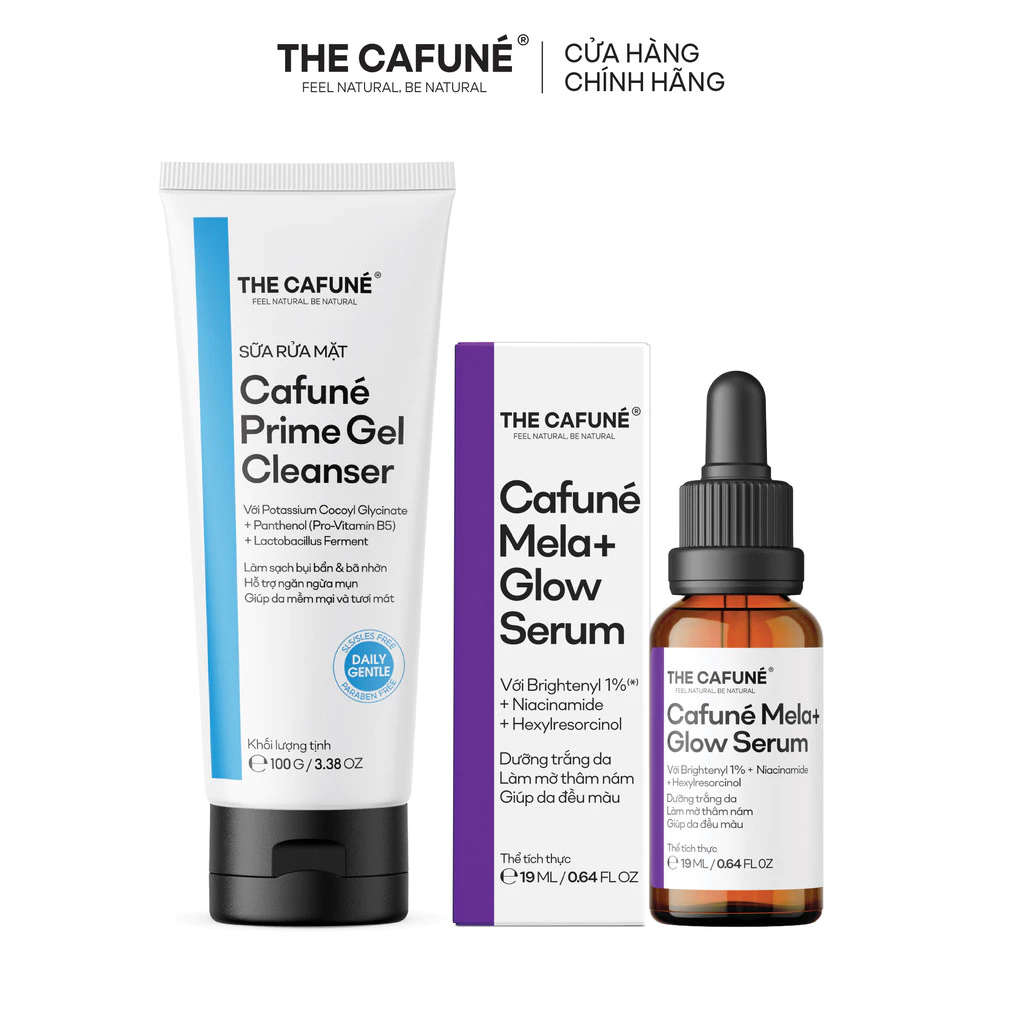 [COMBO GIẢM 34%] Bộ Đôi Mờ Thâm Nám Cafuné: Sữa Rửa Mặt Prime 100g + Serum Thâm Nám Mela+ Glow 19ml