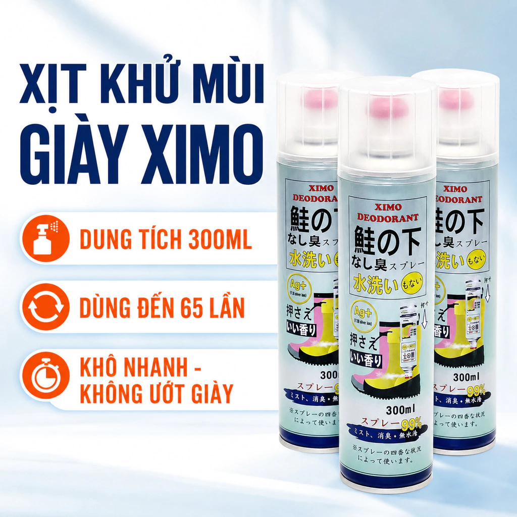 Bình Xịt Khử Mùi Hôi Chân Và Làm Sạch Mùi Giày Ximo Cao Cấp 300ml, Loại Bỏ Vi Khuẩn, Ngăn Mồ Hôi Công Nghệ Bạc AG+