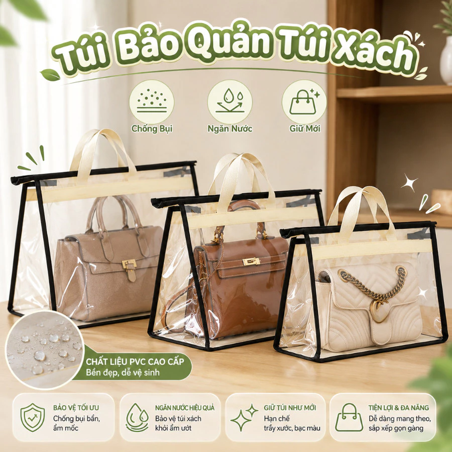 Túi Đựng Túi Xách Trong Suốt PVC Chống Bụi Chống Ẩm Có Quai Xách Bảo Quản Giữ Form Túi Da