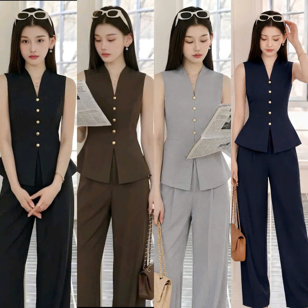 (MAY ĐẸP ) Set Bộ Gile Nữ Thanh Lịch Áo Sát Nách Cổ V Quần Ống Suông GILE DAI 02