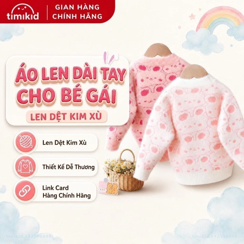 Áo Len Dài Tay Cho Bé Gái Họa Tiết Thỏ - Len Dệt Kim Xù Mềm Mịn - Link Card