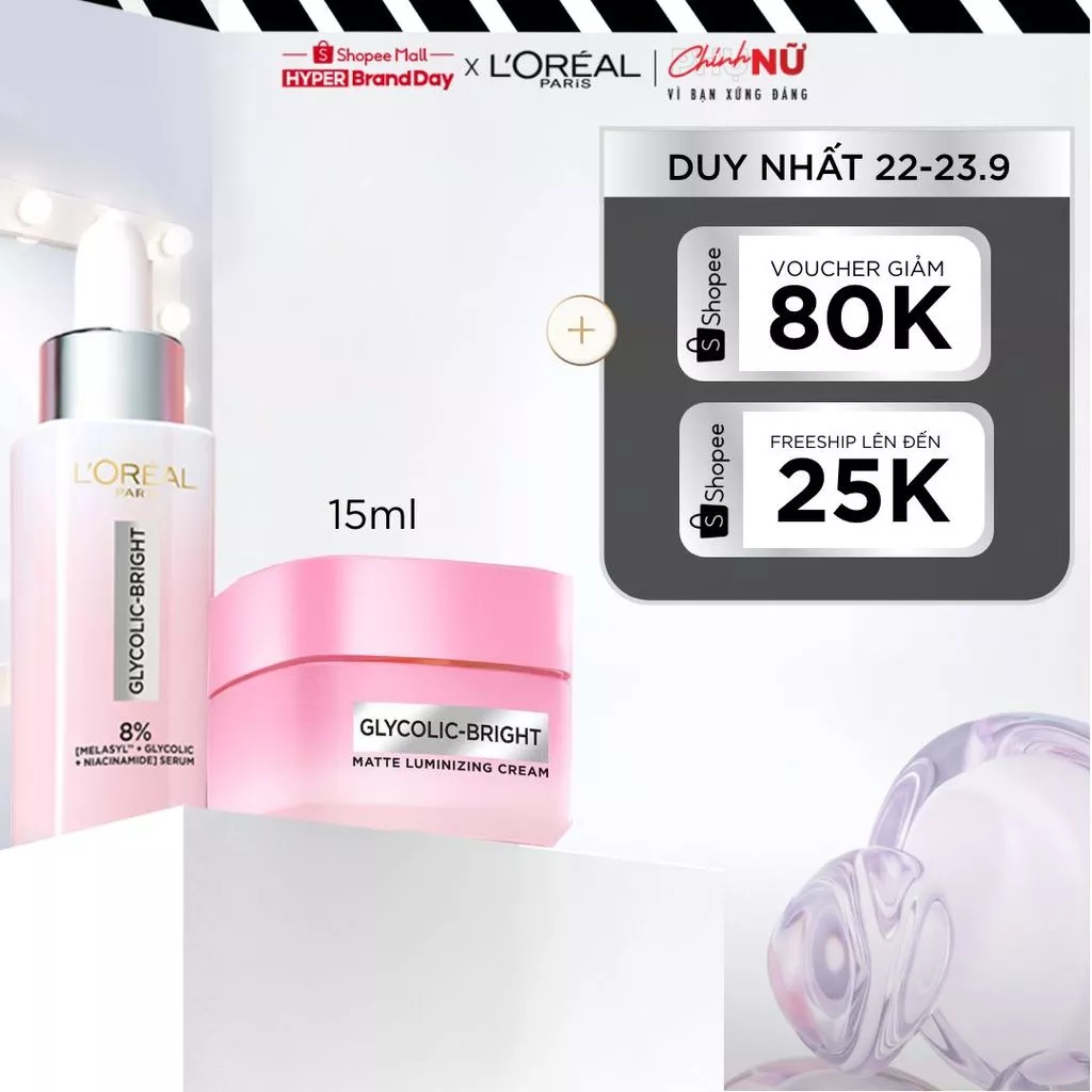 Bộ serum & kem dưỡng sáng da đột phá MelasylTM mờ thâm mụn, nám L'Oreal Paris Glycolic Bright 30ml, 15ml