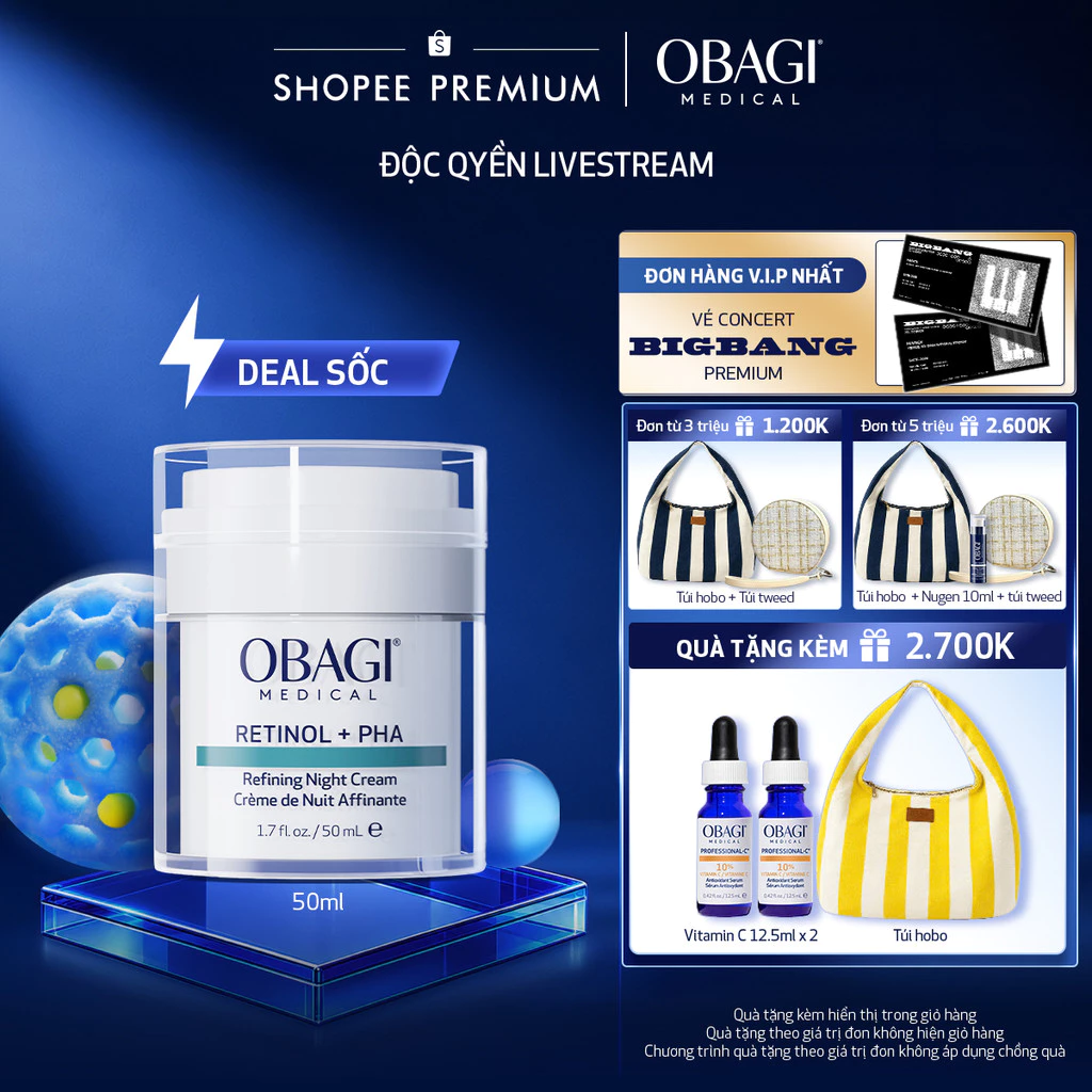 [ĐỘC QUYỀN LIVESTREAM] Kem Dưỡng Làm Mới Và Duy Trì Độ Tươi Trẻ Làn Da Ban Đêm Obagi Medical Retinol + PHA (50ml)