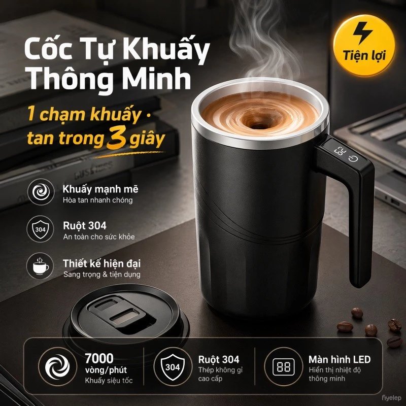 Cốc khuấy tự động, không cần thìa - thép không gỉ 304, hoàn hảo để trộn cà phê, ca cao và sữa trong văn phòng. Màn hình LED hiện đại cho thấy nhiệt độ