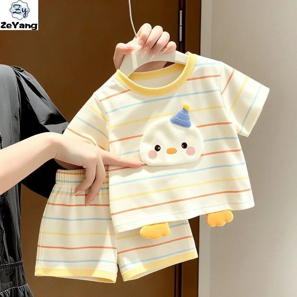 [ZY] 70-130 Hàng có sẵn Bộ đồ áo thun ngắn tay Cotton nguyên chất dành cho trẻ em Bộ đồ thường ngày Vịt dễ thương ba chiều Bộ đồ thường ngày sọc ngắn @