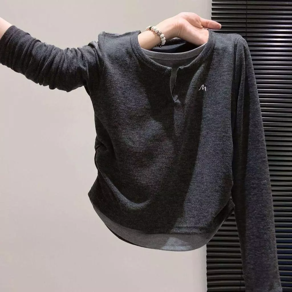 Phụ Nữ Mùa Xuân Thu Giả Hai Lớp Dài Tay Áo Màu Khối Thiết Kế Cổ Chữ V Bên Trong Lớp Đế Top