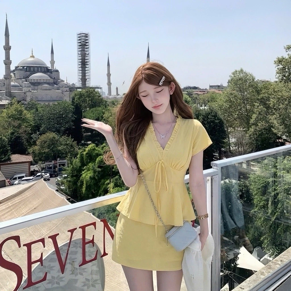 Set Áo sơ mi kiểu nữ kèm chân váy S239 Kozoda chất gió hàn họa tiết cổ V viền bèo tiểu thư ngắn tay form rộng thời trang
