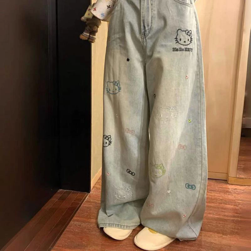 (87+97cm) Quần jean nữ ống suông rộng QC thêu nấm dài 87/97cm size SML Shop Nhí ( 7203 - Quần suông nấm )