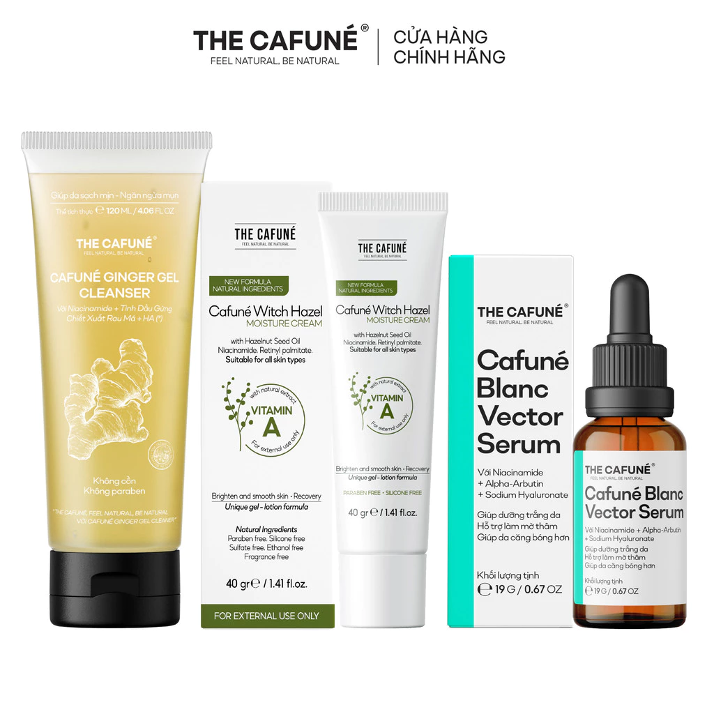 [COMBO GIẢM 40%] Combo 3 Bước Dưỡng Trắng Cafuné: Sữa Rửa Mặt Gừng + Serum Trắng Blanc Vector + Kem Dưỡng Ẩm Witch Hazel