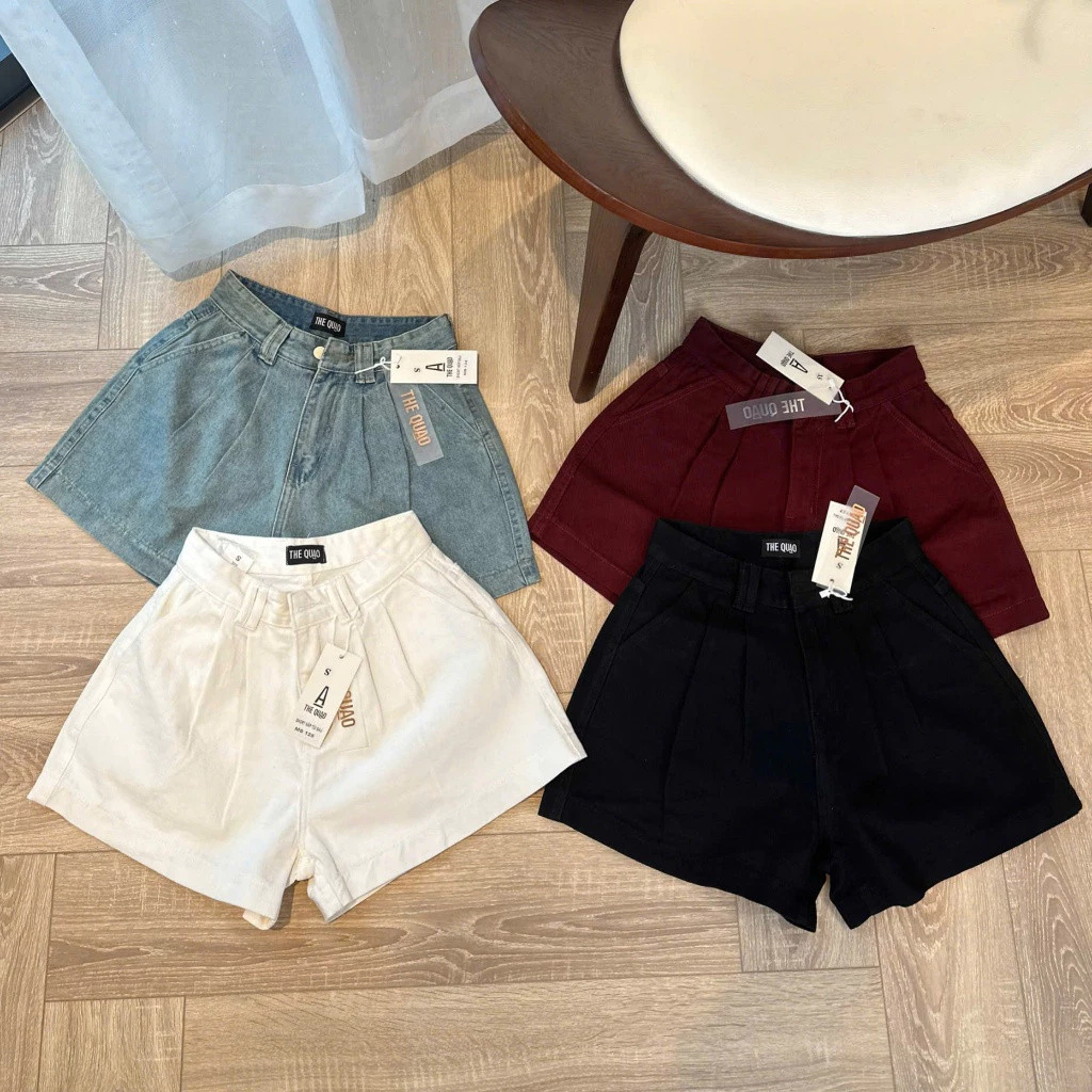 Quần Short Jean Nữ Lưng Cao DÁNG XÒE RỘNG xếp li túi nấp sau WSHJ014