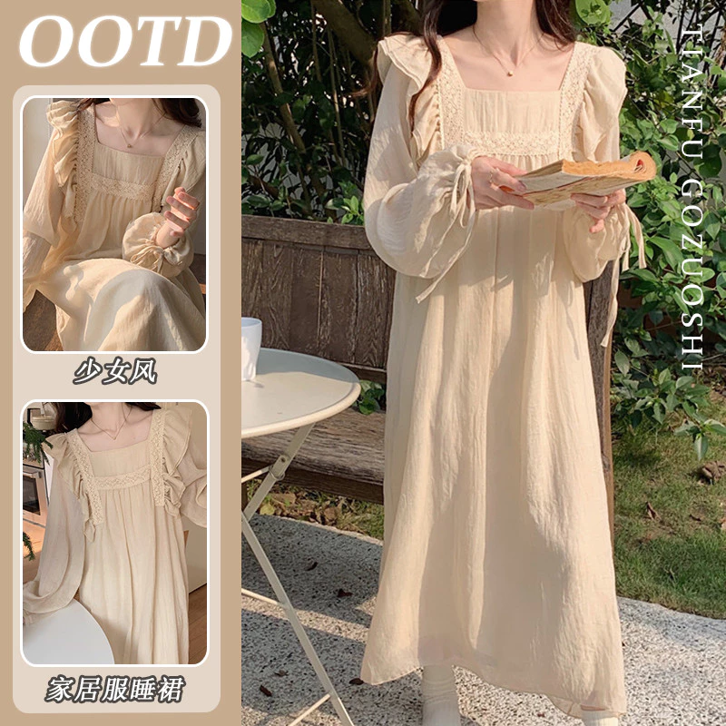 Áo Ngủ Cotton Dài Tay Vintage Ruffle Tie Đầm Ngọt Ngào Cho Nữ Xuân Thu
