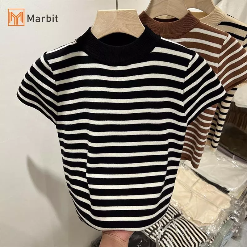 [Mar-T] Áo len dệt kim sọc cổ cao nửa cổ có tay bay Slim Fit Top Áo sơ mi nữ tay ngắn cơ sở