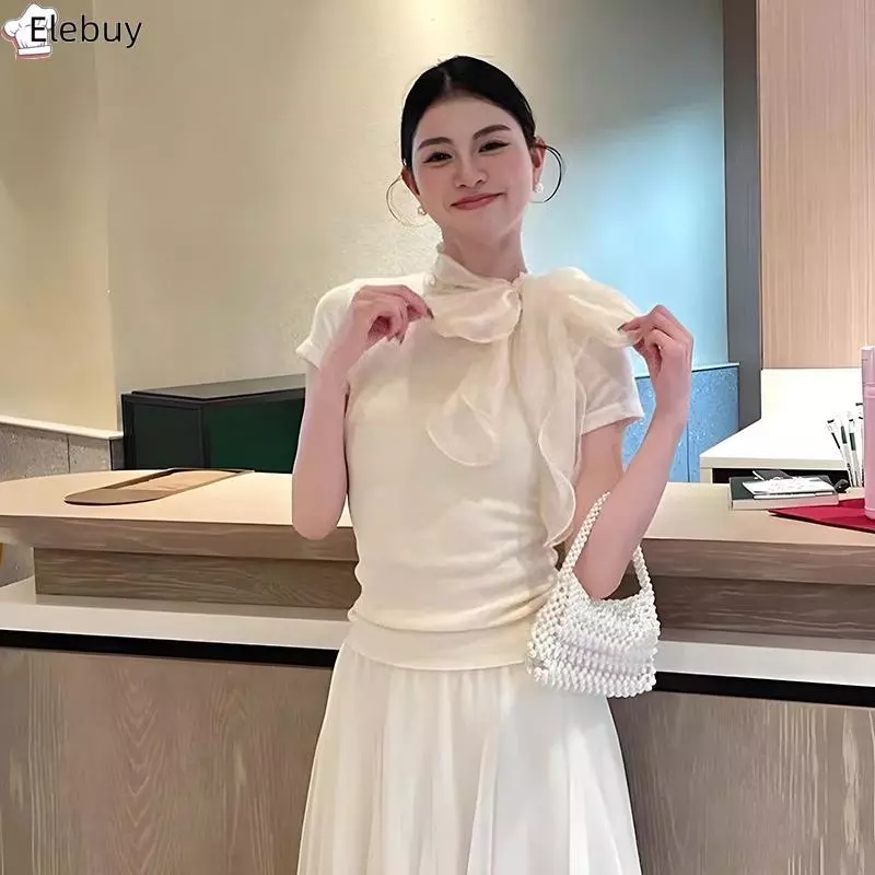 [Ele-T] Áo thun dệt kim ngắn tay ngọt ngào kiểu Pháp mùa hè dành cho nữ