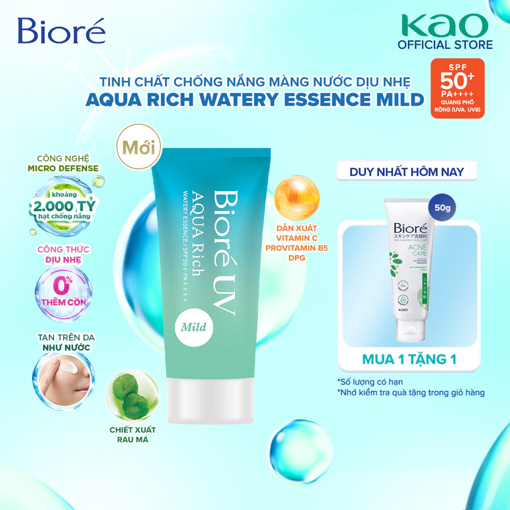 [SIÊU PHẨM KHÔNG CỒN] Biore UV Aqua Rich Essence Mild Tinh chất Chống nắng Vi điểm Màng nước Dịu nhẹ SPF50+ PA++++ 50g