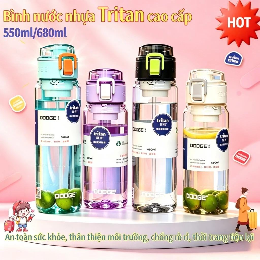 Bình nước nhựa Tritan 550/680ml - An toàn sức khỏe, thân thiện môi trường, chống rò rỉ, thời trang tiện lợi