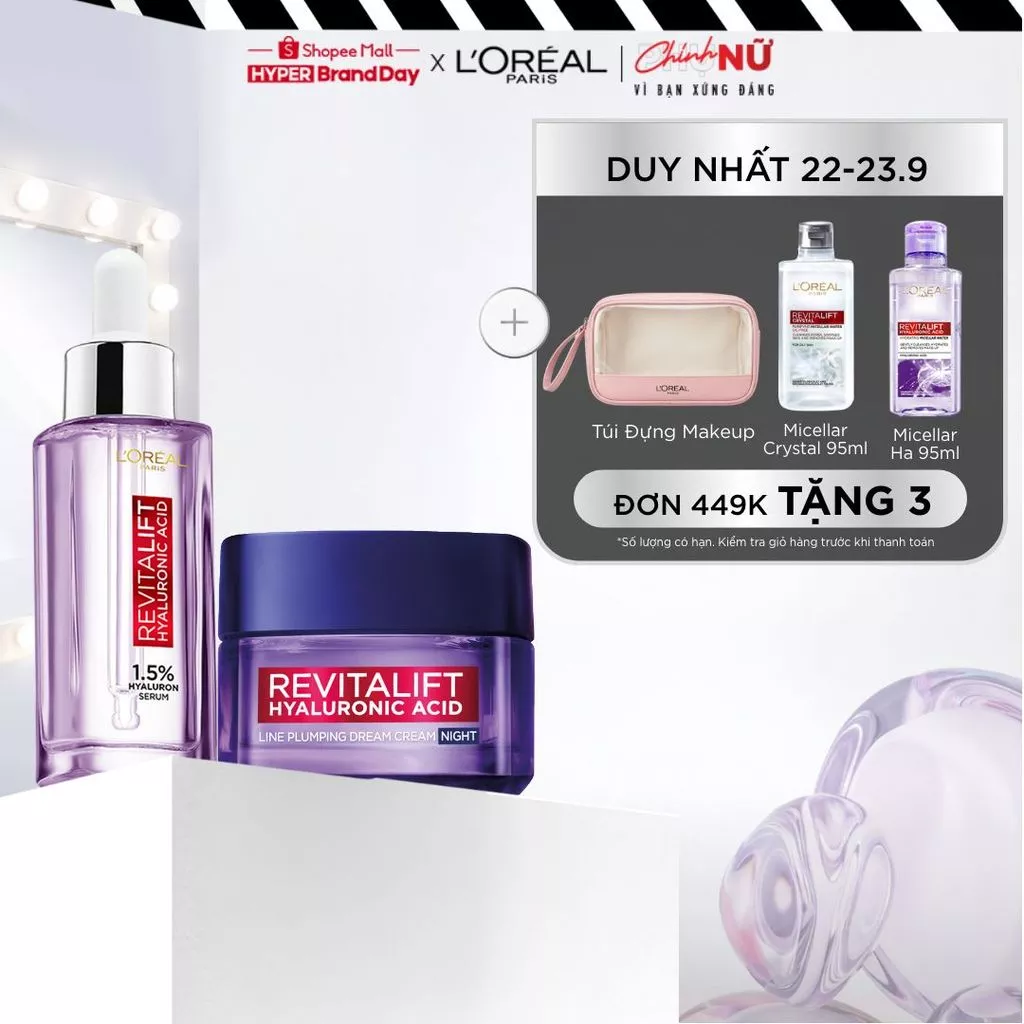 Bộ đôi serum cấp ẩm 1.5% HA 30ml & kem dưỡng đêm chống rãnh nhăn lão hóa sớm Revitalift Line Plumping L'Oreal Paris 50ml