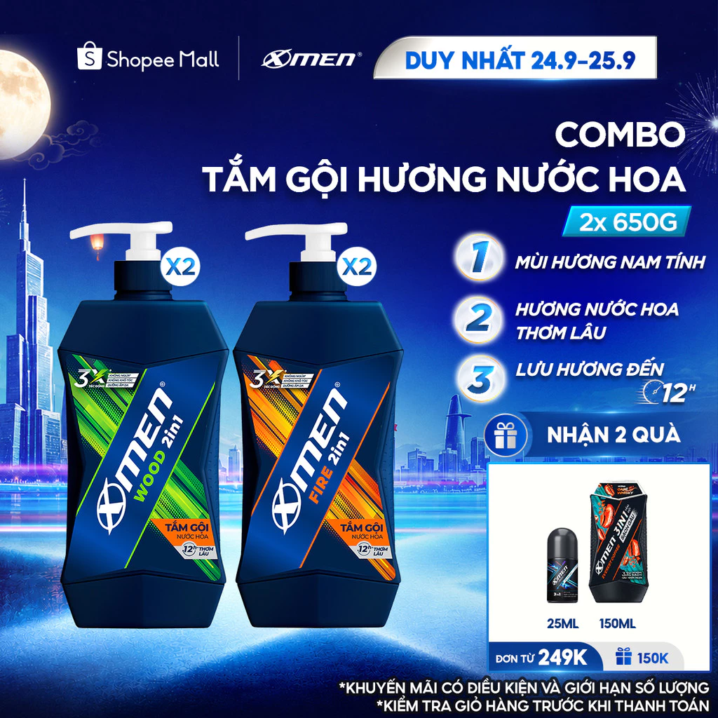 Combo 2 Tắm Gội Xmen Wood/Fire 650g/chai - Mùi Hương Nam Tính Thơm Lâu Sạch Sâu