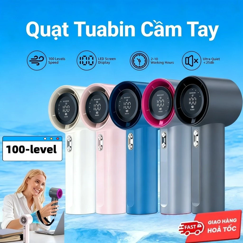 Quạt cầm tay mini tích điện 100 cấp độ gió mạnh, có dây đeo, màn hình LED, cổng Type-C