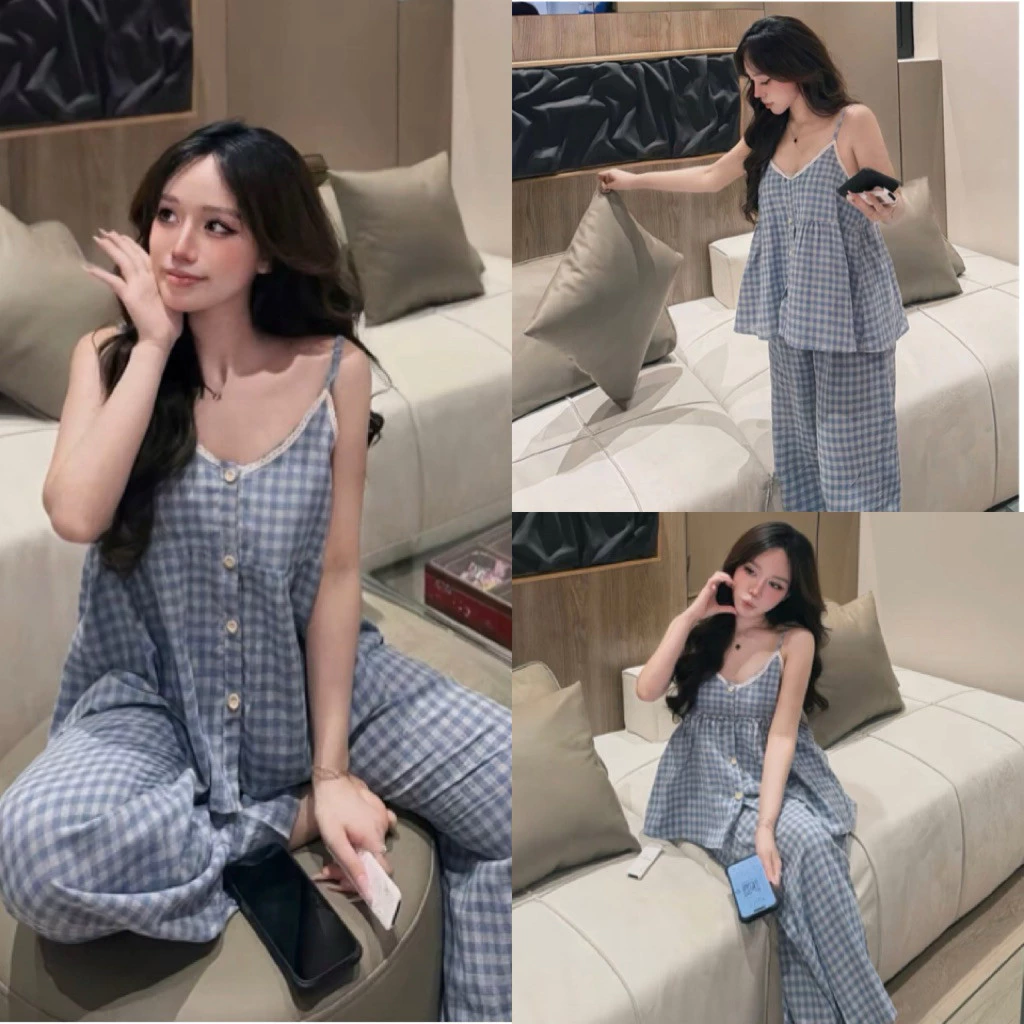 Set Bộ Nữ , Set Bộ Kẻ 2 Dây Viền Mí Ren Cúc Nẹp Hot