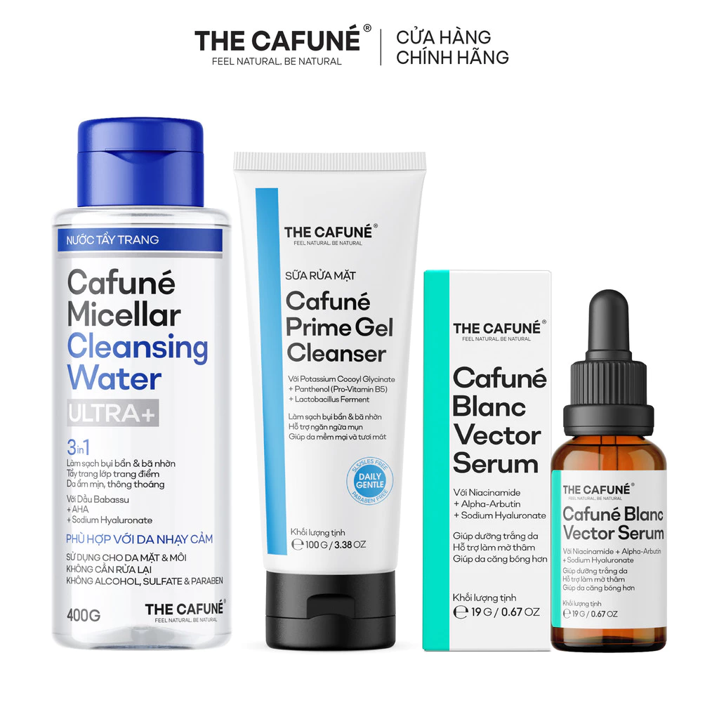 [COMBO GIẢM 29%] Combo 3 Bước Dưỡng Trắng Cafuné: Tẩy Trang Ultra+ + Sữa Rửa Mặt Prime + Serum Trắng Blanc Vector