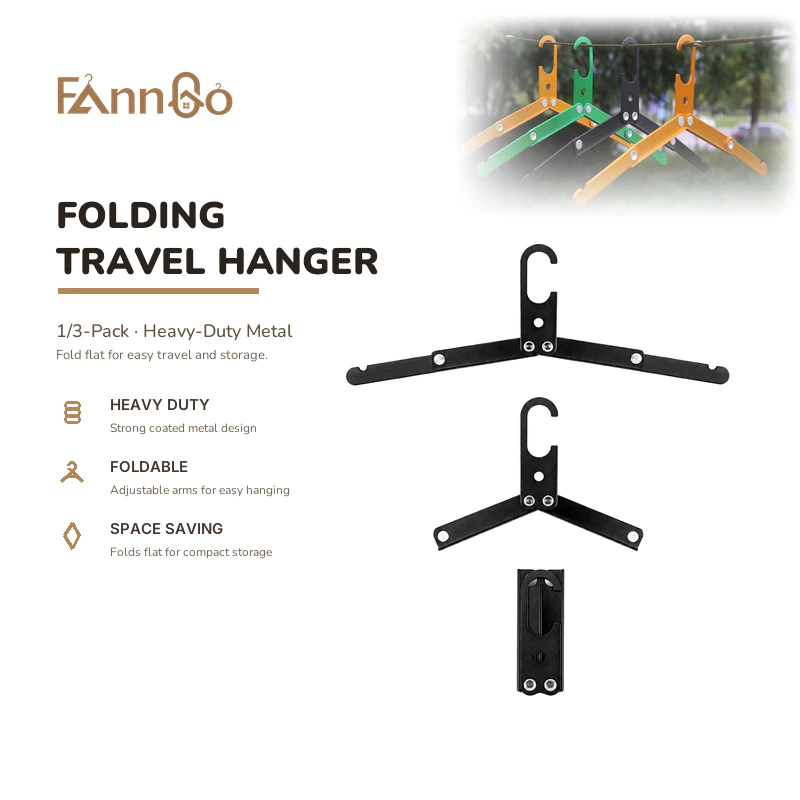 Móc gấp du lịch FannGo, móc kim loại màu đen tiết kiệm không gian, gói 1/3 chiếc, thích hợp để treo quần áo, móc di động cho khách sạn và cắm trại.