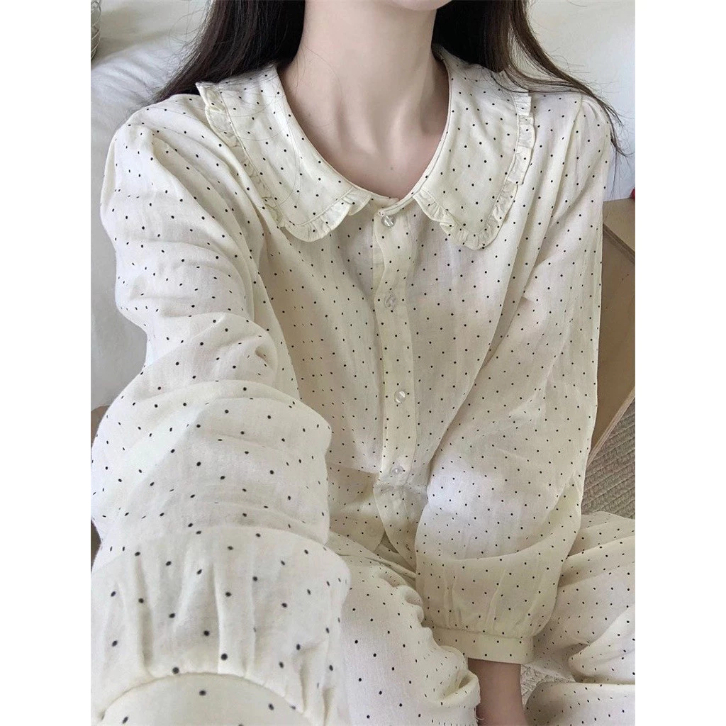Order - Bộ Ngủ Pijama Cổ Sen Dài Tay Cho Nữ Họa Tiết Chấm Bi Đơn Giản Nhẹ Nhàng, Chất Đũi Cotton Thoải Mái Mặc Ở Nhà
