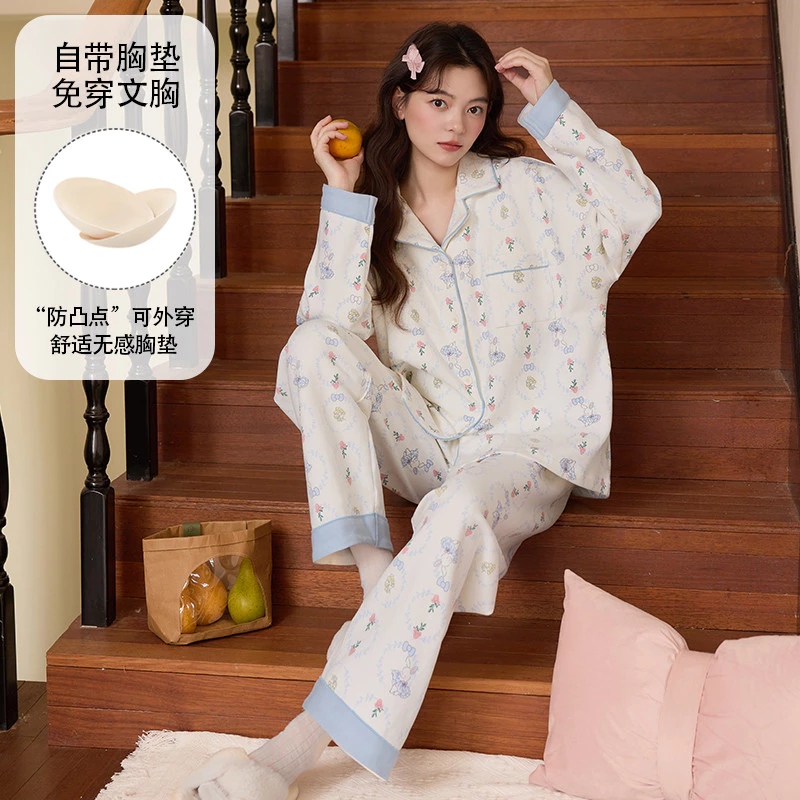 Bộ Đồ Ngủ Có Đệm Nữ Plus Kích Thước Bộ Đồ Ngủ Mùa Thu Đông Tay Dài Đồ Ngủ Người Phụ Nữ Hoạt Hình Dễ Thương Mặc Mặc Nhà Đêm M-3XL