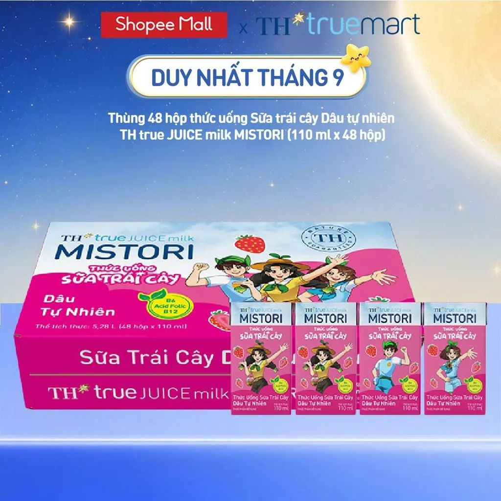 [Livestream] Thùng Thức uống Sữa trái cây TH true JUICE milk MISTORI Dâu tự nhiên 110 ml x 48 Hộp