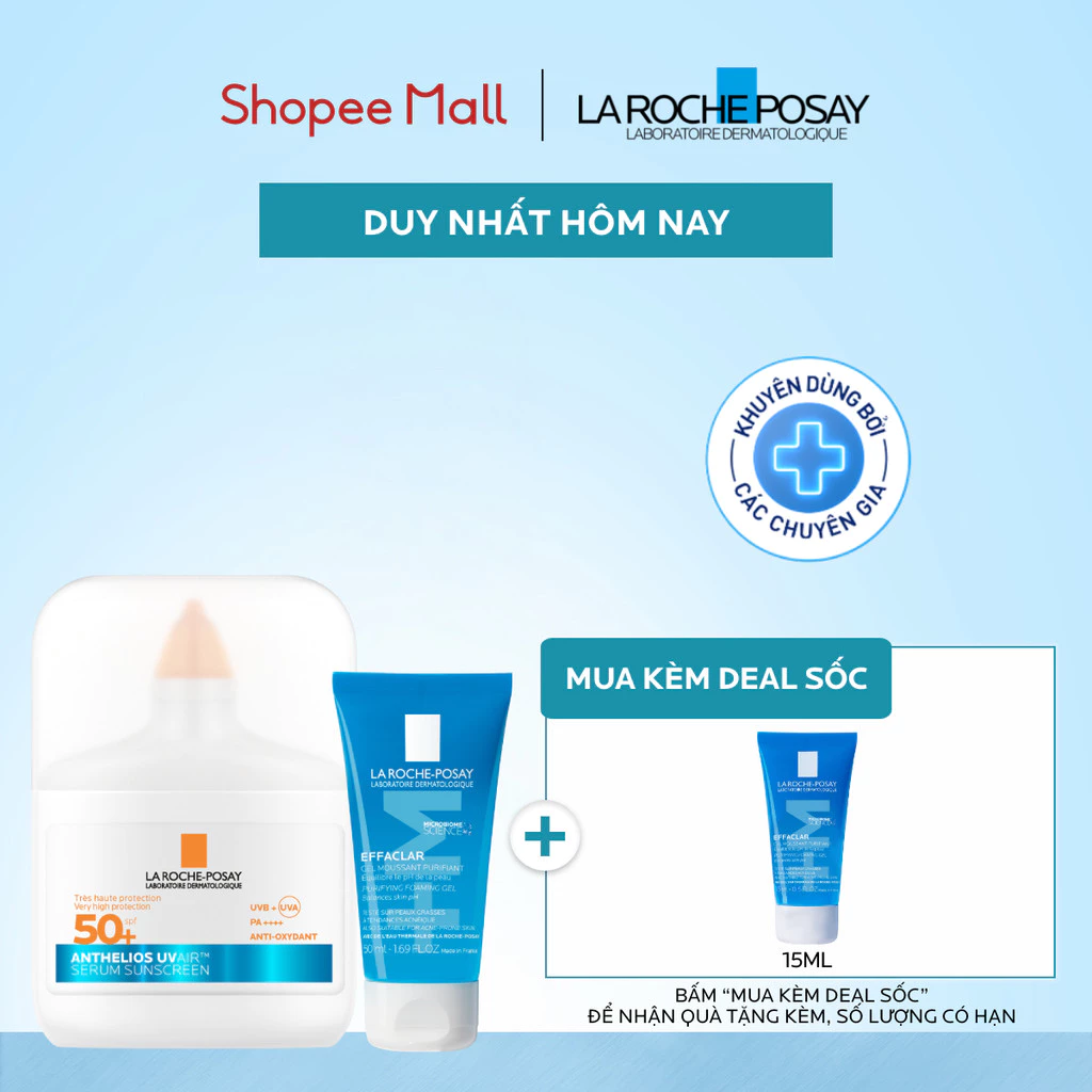 [FS] Bộ đôi làm sạch và chống nắng dạng serum siêu mỏng nhẹ La Roche-Posay ANTHELIOS UVAIR SPF50+ 50ml